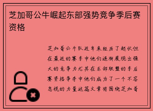 芝加哥公牛崛起东部强势竞争季后赛资格