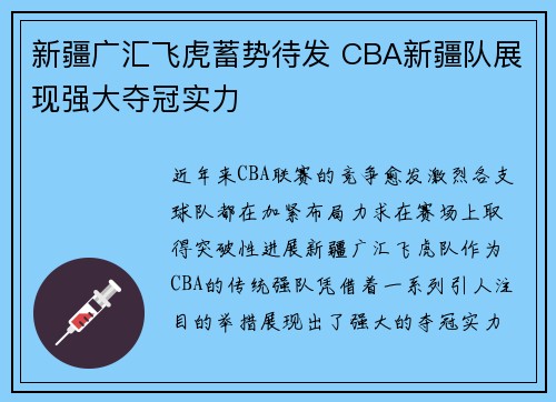 新疆广汇飞虎蓄势待发 CBA新疆队展现强大夺冠实力