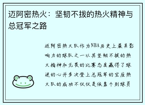 迈阿密热火：坚韧不拔的热火精神与总冠军之路